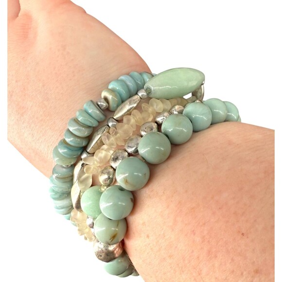 J. Jill Multi Beaded Stretch Bracelet Set Aqua Silver Tone Stackable Beachy Boho - Picture 4 of 13